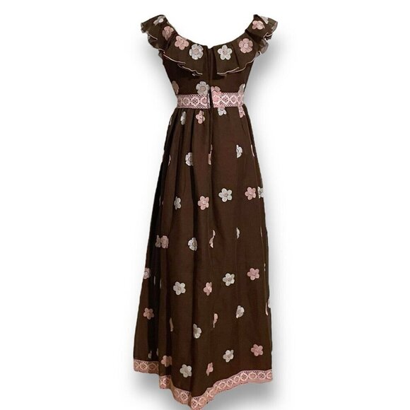 Vintage 1970s Floral Maxi Dress Sz Small Brown Pink Floral Emboidered Prom Gown - Picture 9 of 10